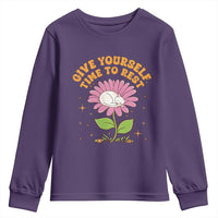 Give Yourself Time To Rest Youth Sweatshirt Cute Cat Sleep Mental Health