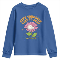 Give Yourself Time To Rest Youth Sweatshirt Cute Cat Sleep Mental Health