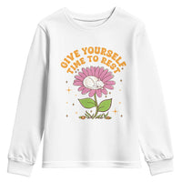 Give Yourself Time To Rest Youth Sweatshirt Cute Cat Sleep Mental Health