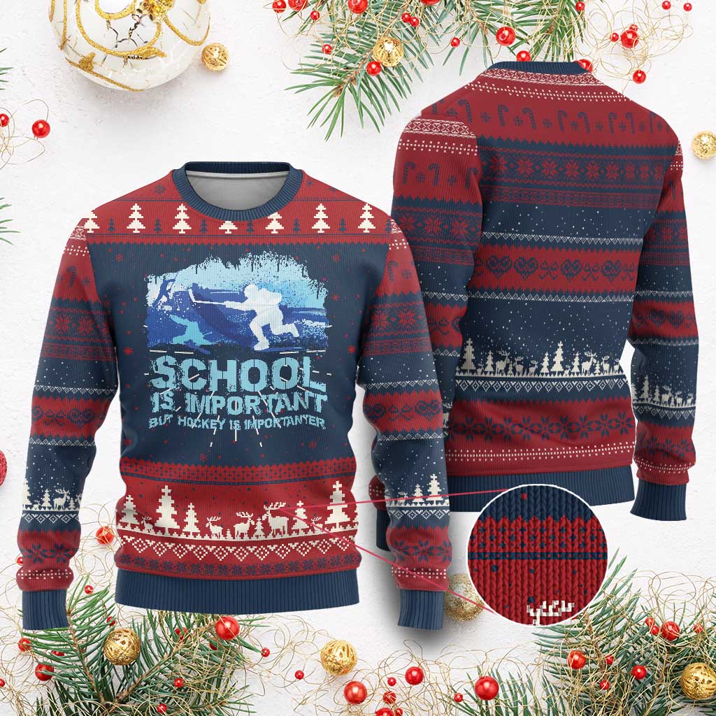 Funny School Is Important But Hockey Is Importanter Ugly Christmas Sweater - Wonder Print Shop