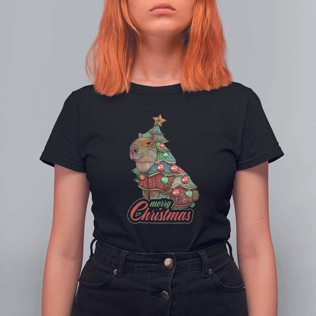 Cute Capybara Christmas Tree T Shirt For Women - Wonder Print Shop