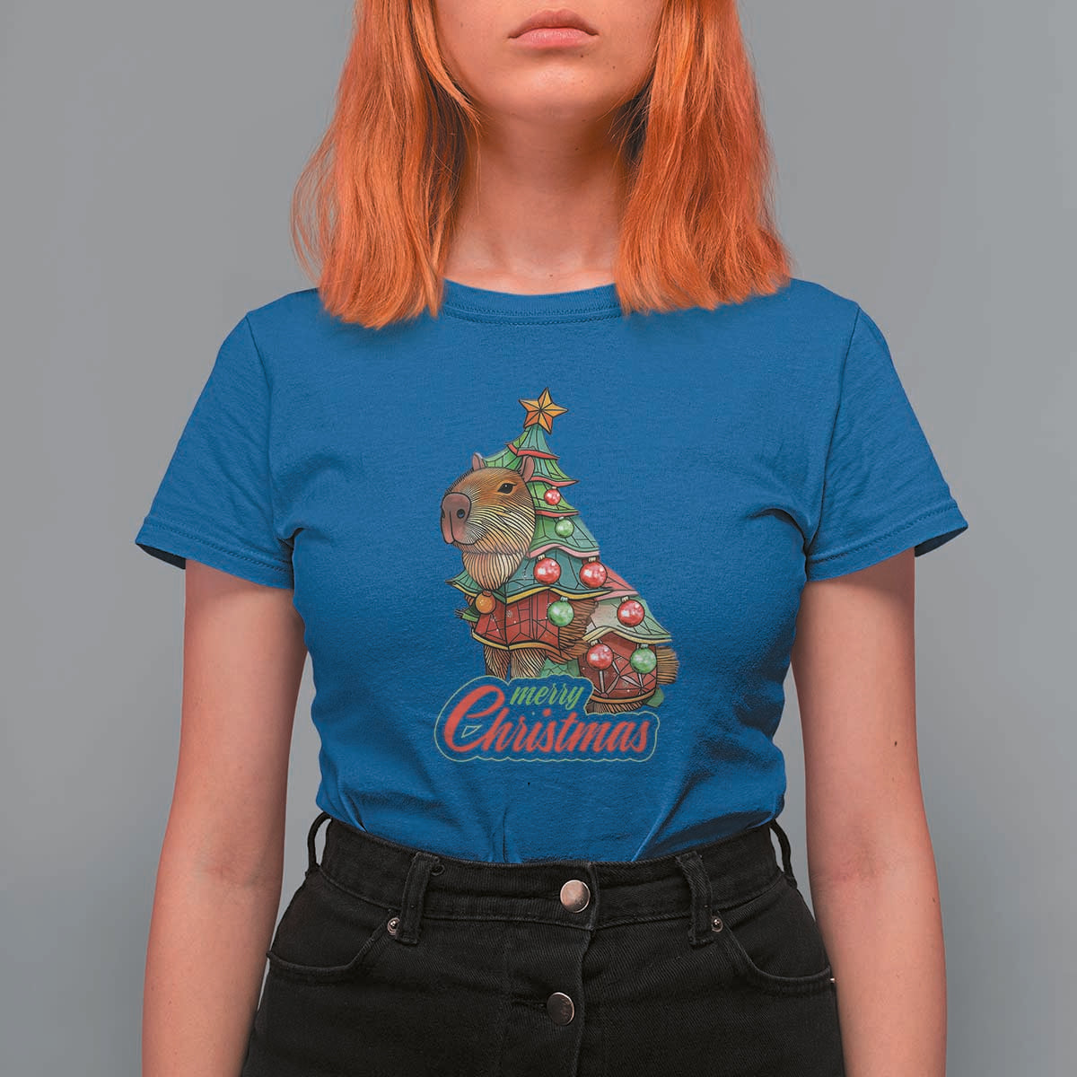 Cute Capybara Christmas Tree T Shirt For Women - Wonder Print Shop