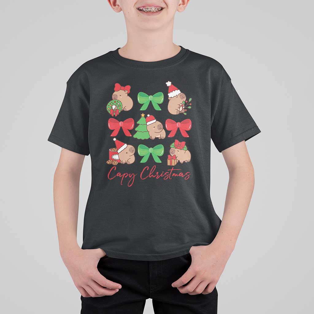 Funny Capybara Christmas T Shirt For Kid Cute Capy Coquette Bow - Wonder Print Shop