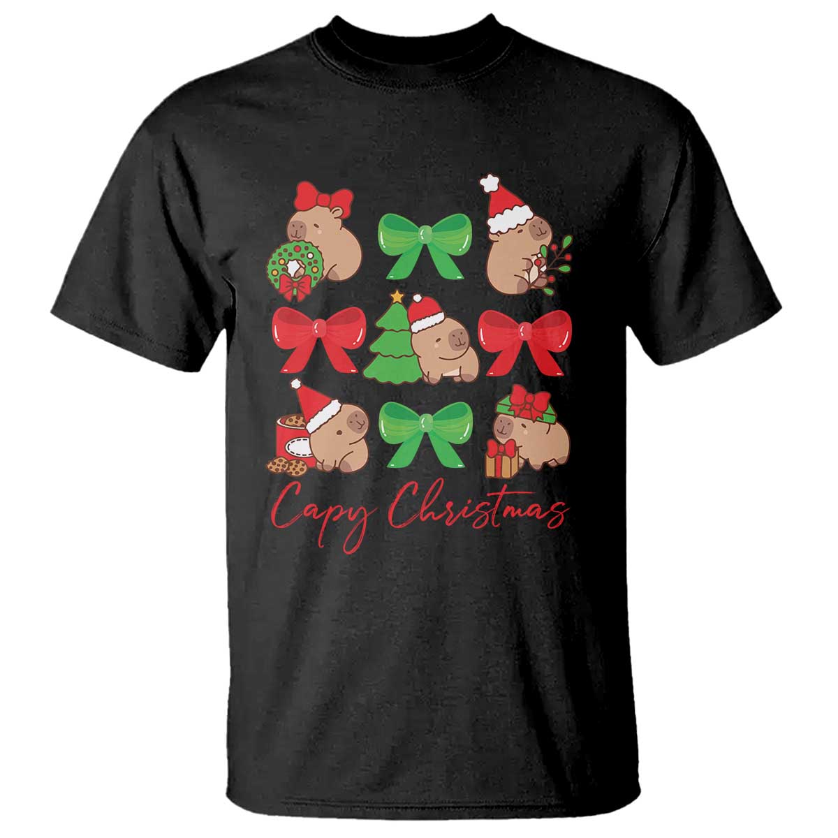 Funny Capybara Christmas T Shirt Cute Capy Coquette Bow - Wonder Print Shop