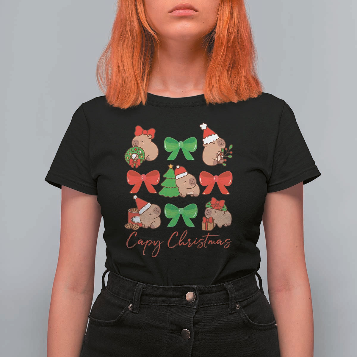 Funny Capybara Christmas T Shirt For Women Cute Capy Coquette Bow - Wonder Print Shop