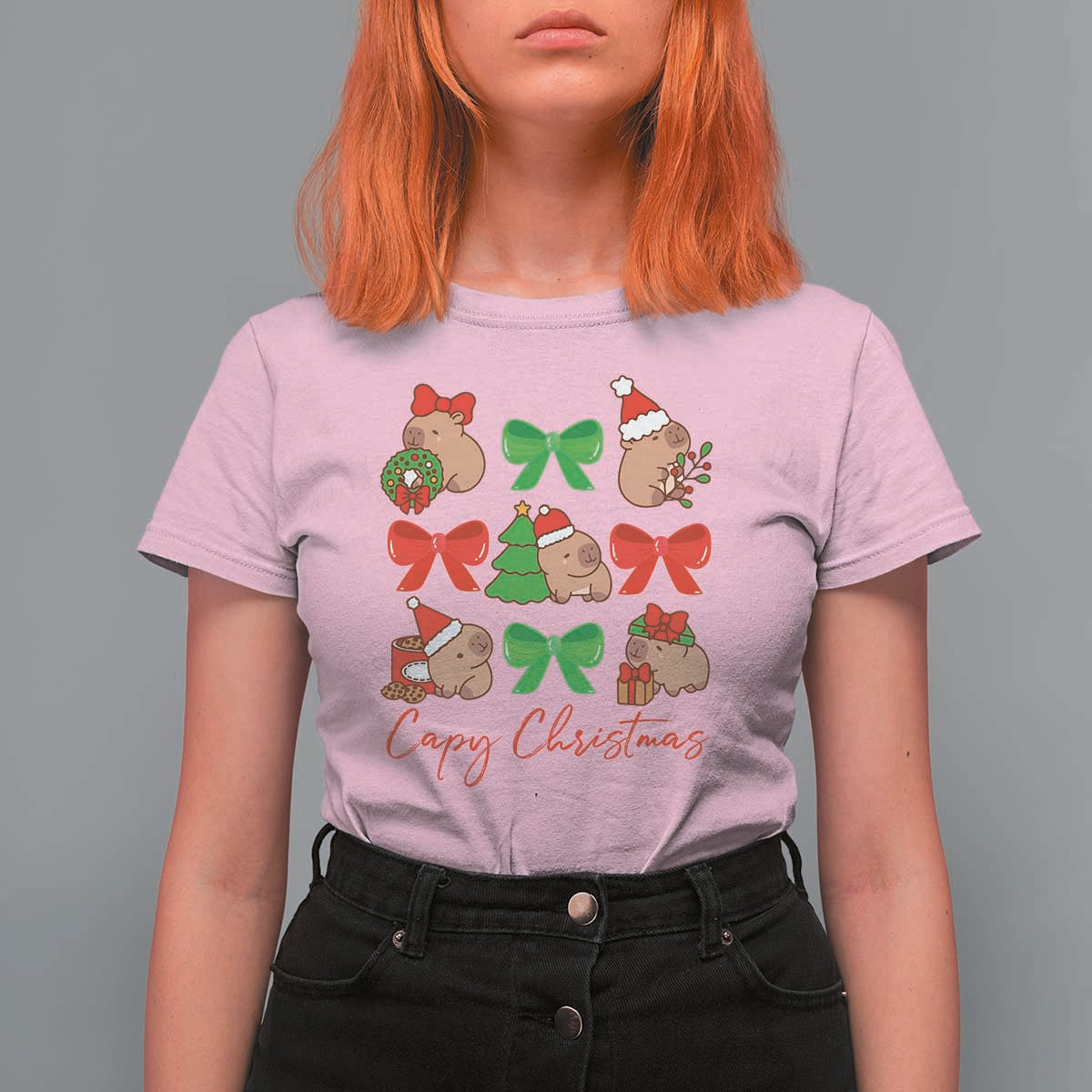 Funny Capybara Christmas T Shirt For Women Cute Capy Coquette Bow - Wonder Print Shop