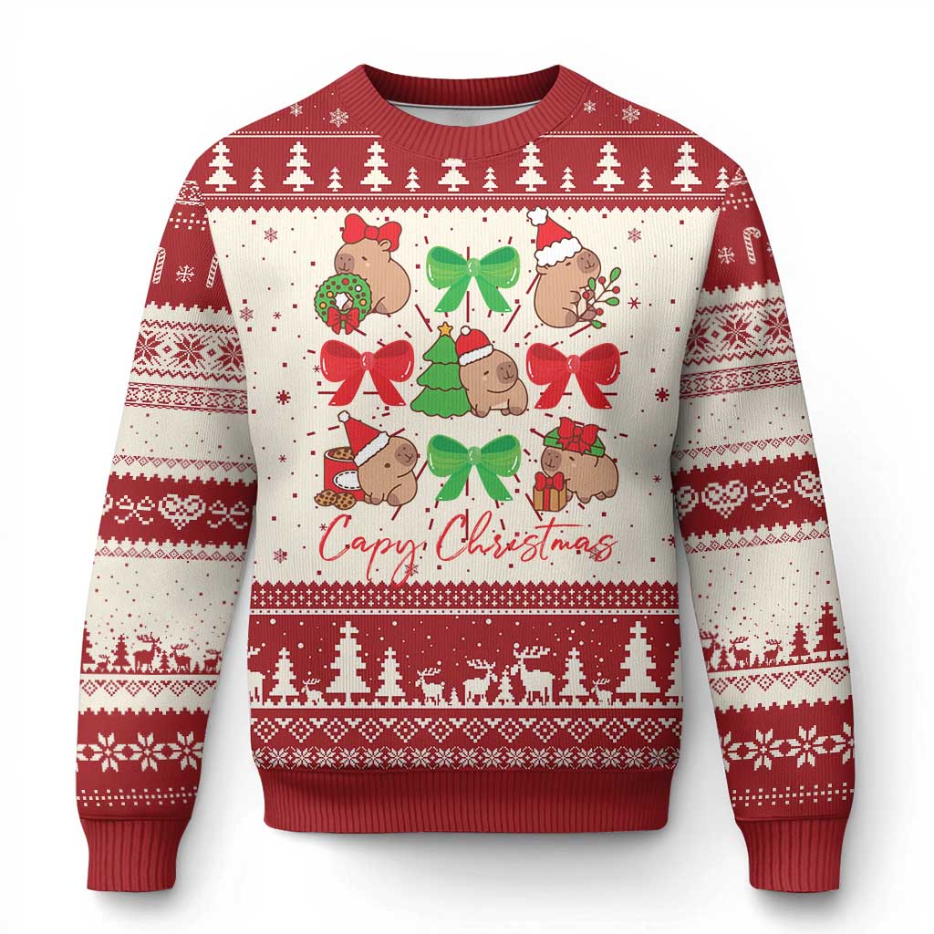 Funny Capybara Xmas Ugly Christmas Sweater Cute Capy Coquette Bow - Wonder Print Shop