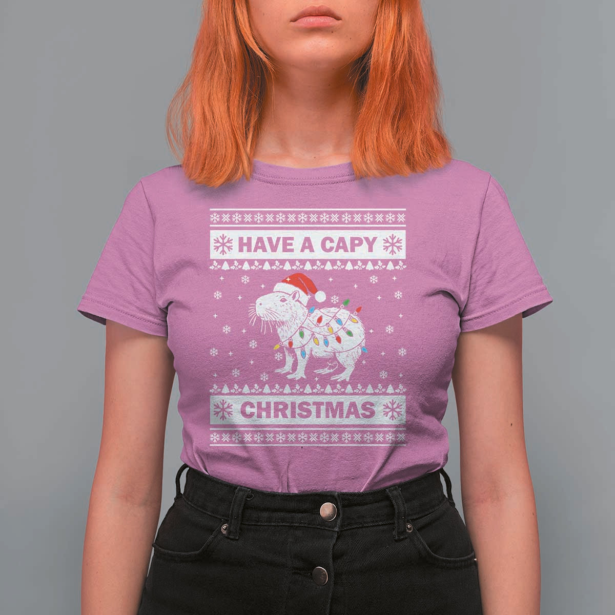 Funny Capybara Christmas T Shirt For Women Have A Capy Christmas Light - Wonder Print Shop