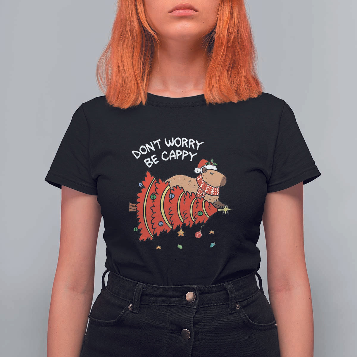 Funny Capybara Christmas T Shirt For Women Don't Worry Be Capy - Wonder Print Shop