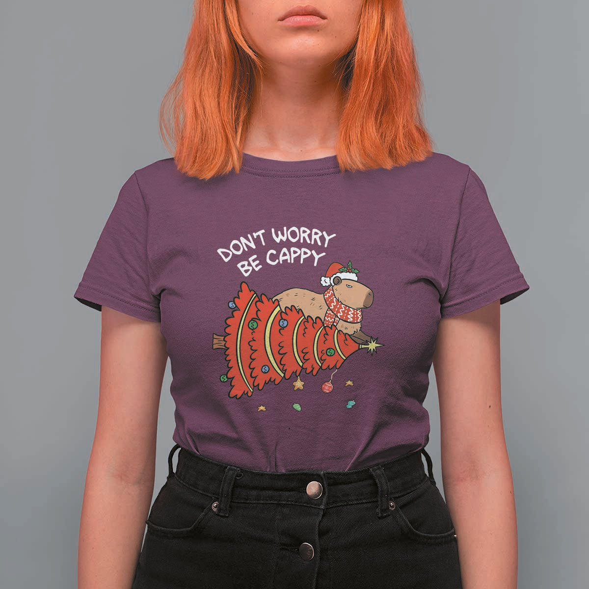 Funny Capybara Christmas T Shirt For Women Don't Worry Be Capy - Wonder Print Shop