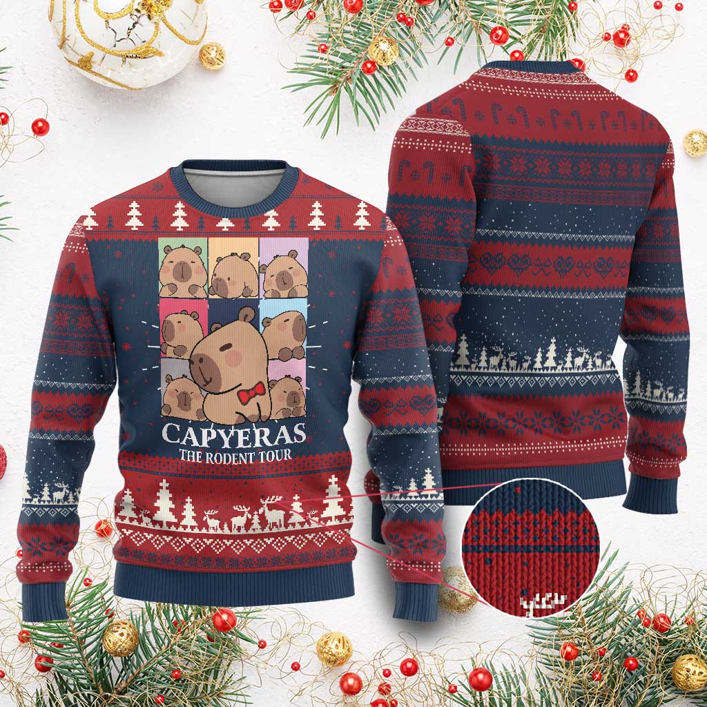 Funny Capybara Xmas Ugly Christmas Sweater Capyeras The Rodent Tour - Wonder Print Shop