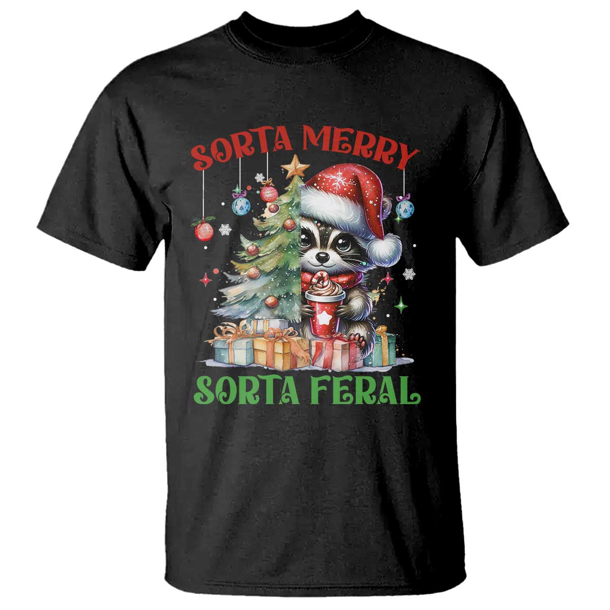 Funny Christmas Raccoon T Shirt Sorta Merry Sorta Feral Merry Trashmas - Wonder Print Shop