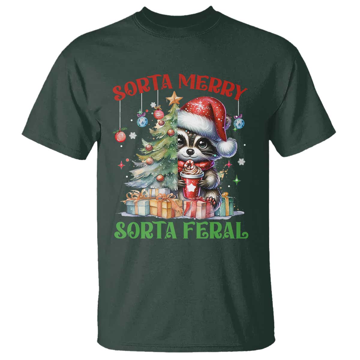 Funny Christmas Raccoon T Shirt Sorta Merry Sorta Feral Merry Trashmas - Wonder Print Shop