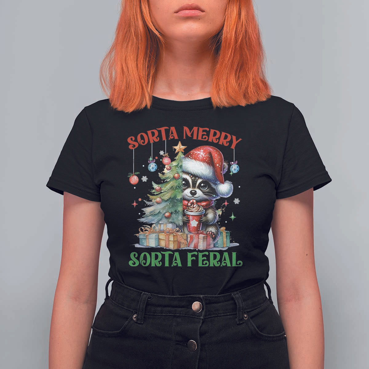 Funny Christmas Raccoon T Shirt For Women Sorta Merry Sorta Feral Merry Trashmas - Wonder Print Shop
