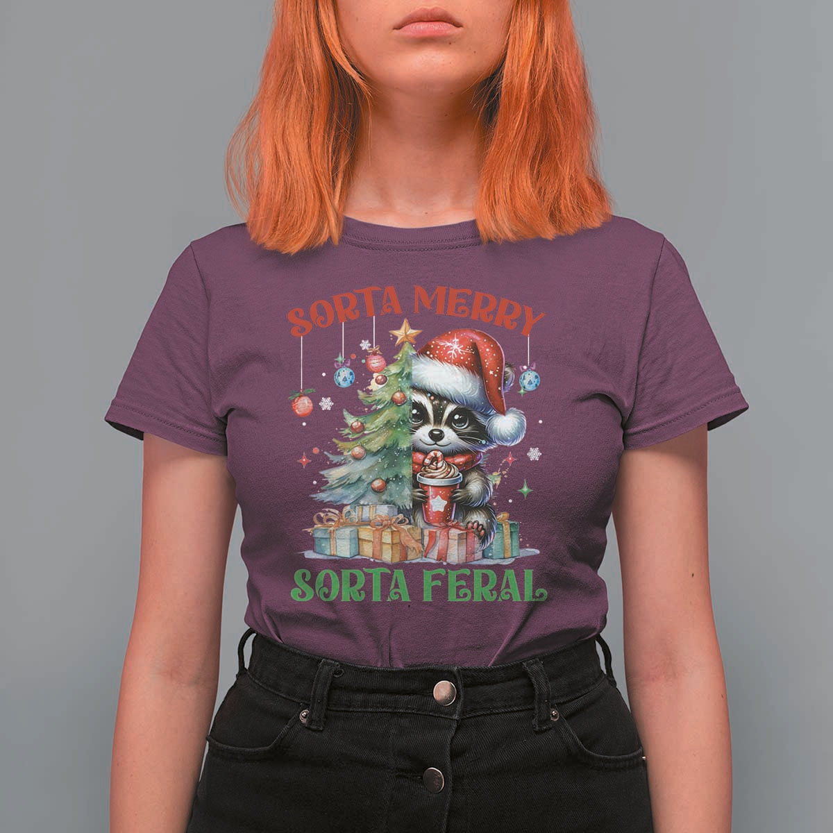 Funny Christmas Raccoon T Shirt For Women Sorta Merry Sorta Feral Merry Trashmas - Wonder Print Shop