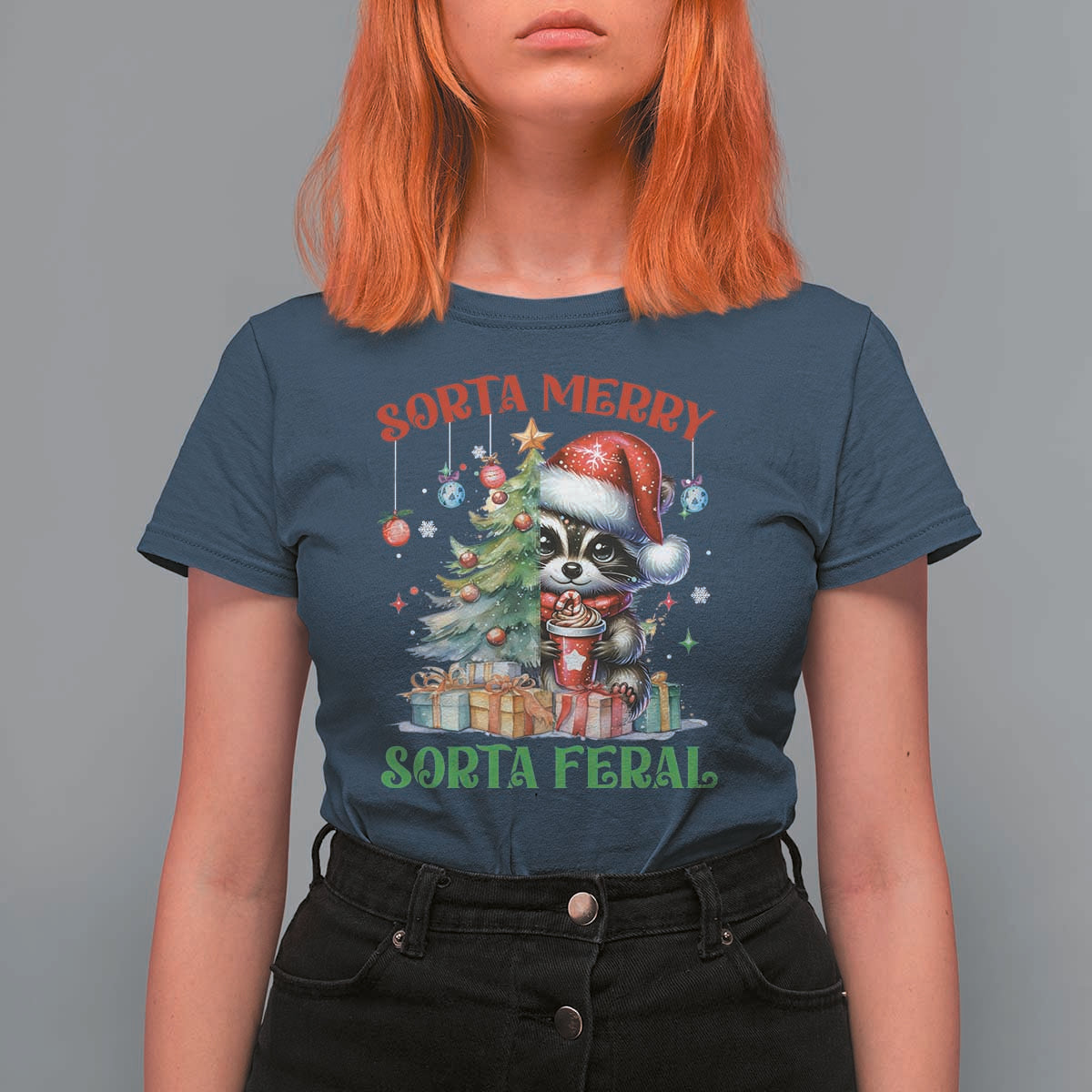 Funny Christmas Raccoon T Shirt For Women Sorta Merry Sorta Feral Merry Trashmas - Wonder Print Shop