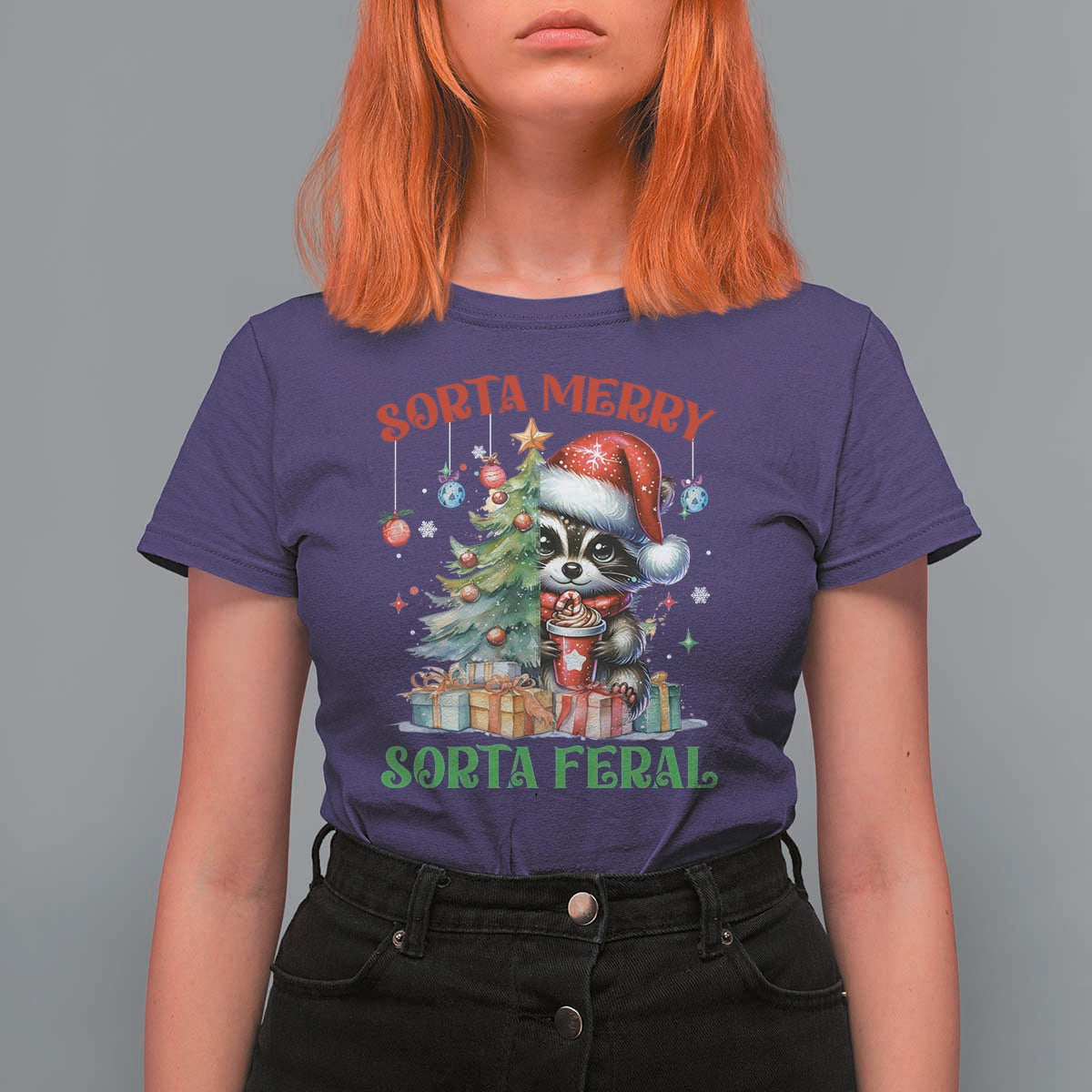 Funny Christmas Raccoon T Shirt For Women Sorta Merry Sorta Feral Merry Trashmas - Wonder Print Shop