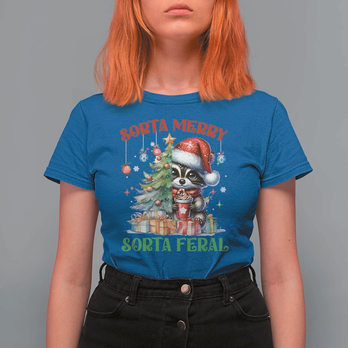 Funny Christmas Raccoon T Shirt For Women Sorta Merry Sorta Feral Merry Trashmas - Wonder Print Shop