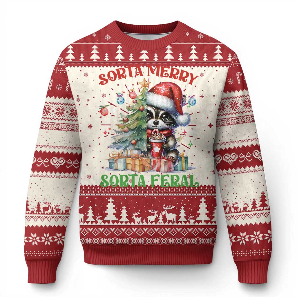 Funny Xmas Raccoon Ugly Christmas Sweater Sorta Merry Sorta Feral Merry Trashmas - Wonder Print Shop