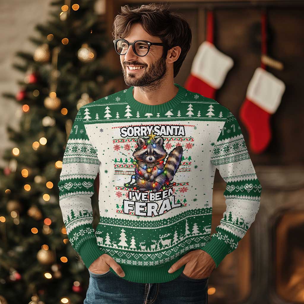 Funny Xmas Raccoon Ugly Christmas Sweater Sorry Santa I've Been Feral - Wonder Print Shop