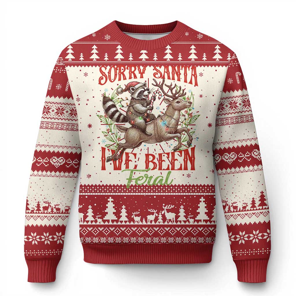 Funny Xmas Raccoon Ugly Christmas Sweater Sorry Santa I've Been Feral Reindeer - Wonder Print Shop