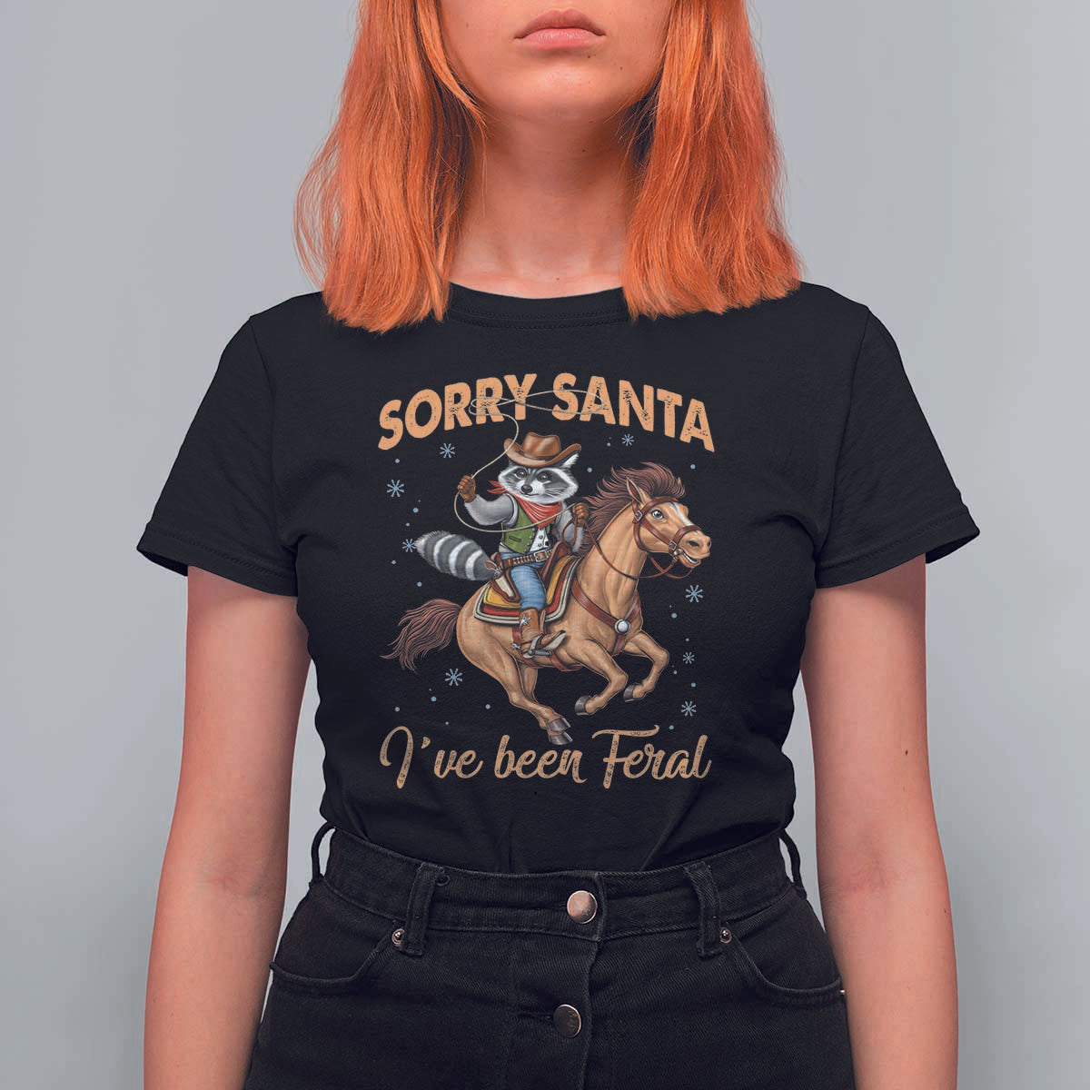 Funny Christmas Raccoon T Shirt For Women Sorry Santa I've Been Feral Cowboy - Wonder Print Shop