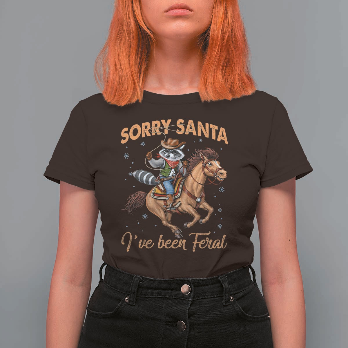 Funny Christmas Raccoon T Shirt For Women Sorry Santa I've Been Feral Cowboy - Wonder Print Shop