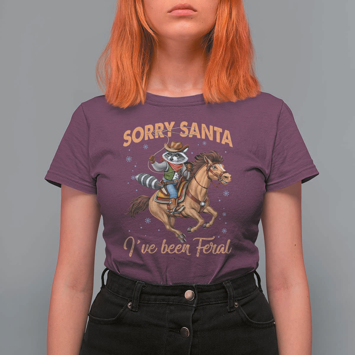 Funny Christmas Raccoon T Shirt For Women Sorry Santa I've Been Feral Cowboy - Wonder Print Shop