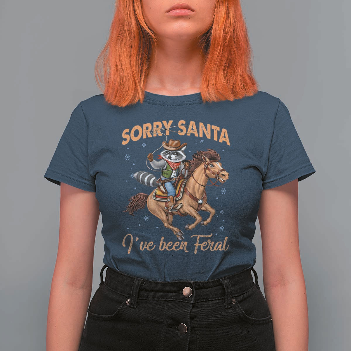 Funny Christmas Raccoon T Shirt For Women Sorry Santa I've Been Feral Cowboy - Wonder Print Shop