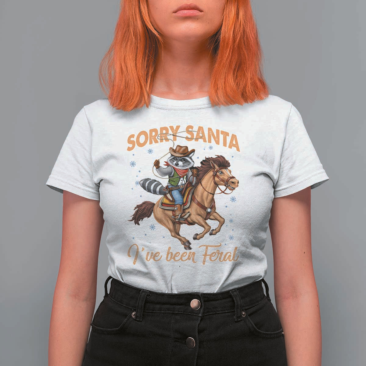 Funny Christmas Raccoon T Shirt For Women Sorry Santa I've Been Feral Cowboy - Wonder Print Shop