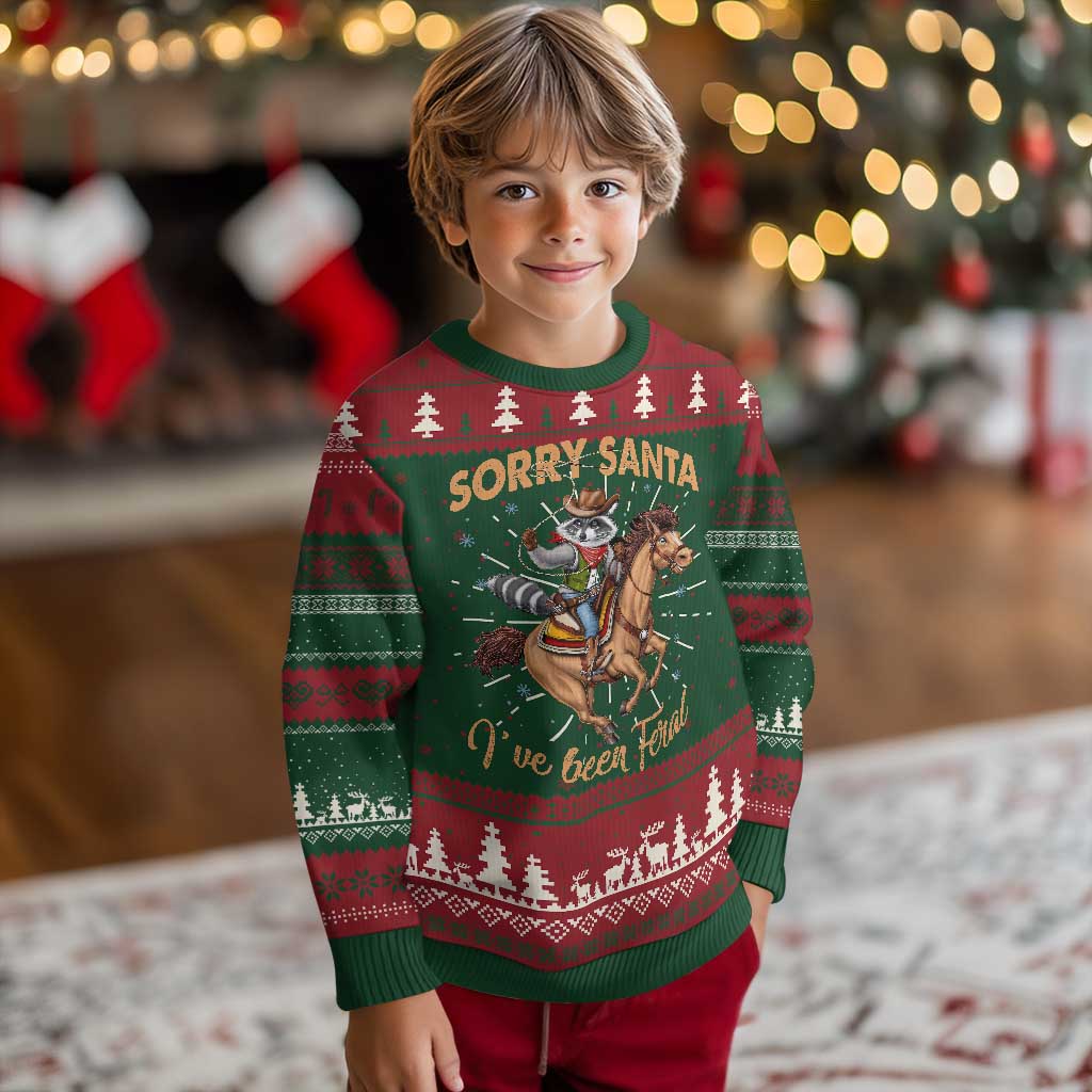 Funny Xmas Raccoon Ugly Christmas Sweater Sorry Santa I've Been Feral Cowboy - Wonder Print Shop