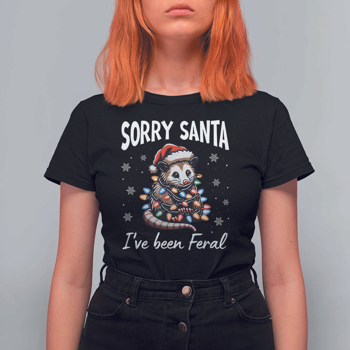 Funny Christmas Opossum T Shirt For Women Sorry Santa I've Been Feral - Wonder Print Shop
