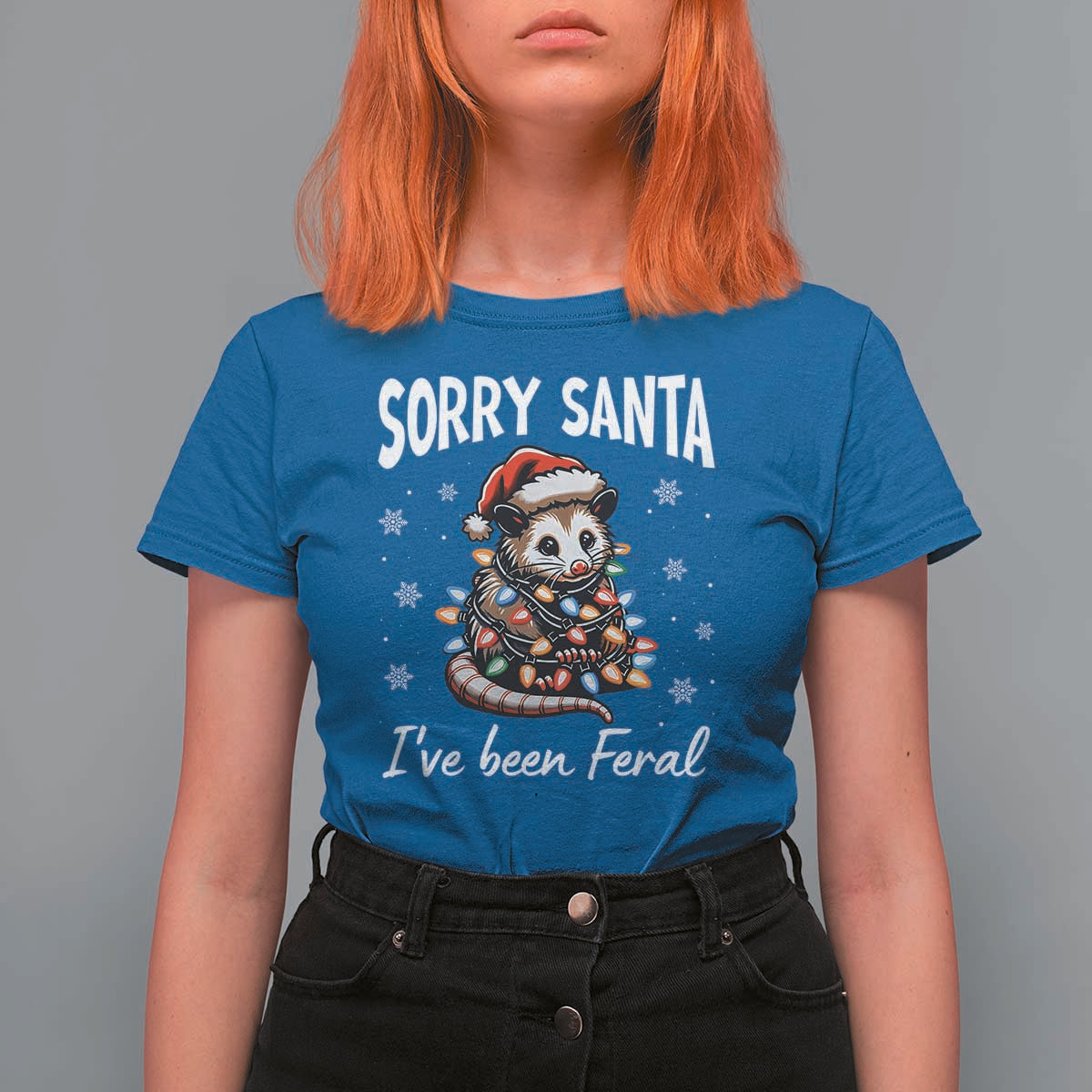 Funny Christmas Opossum T Shirt For Women Sorry Santa I've Been Feral - Wonder Print Shop