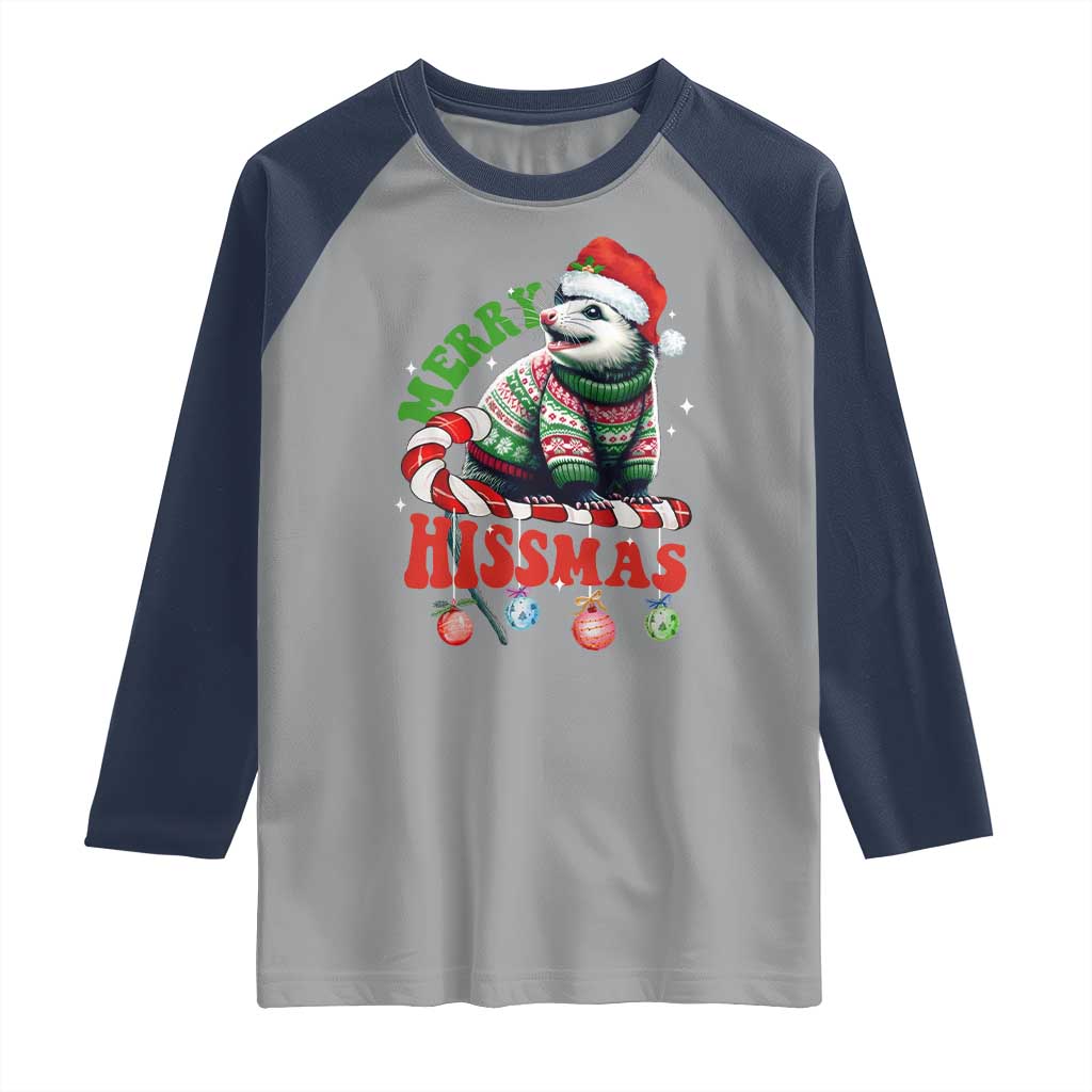 Funny Christmas Opossum Raglan Shirt Merry Hissmass
