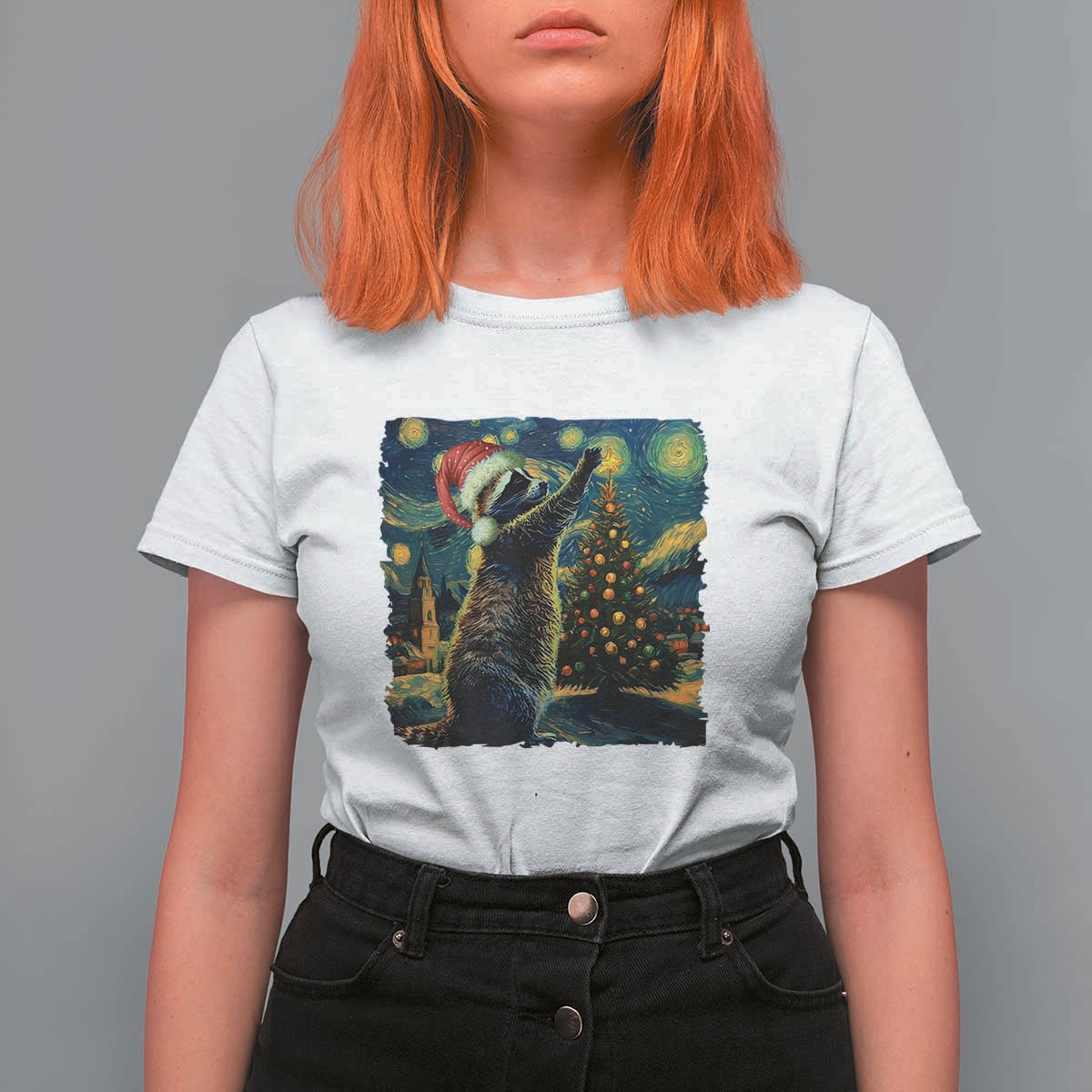 Christmas Starry Night Raccoon T Shirt For Women - Wonder Print Shop