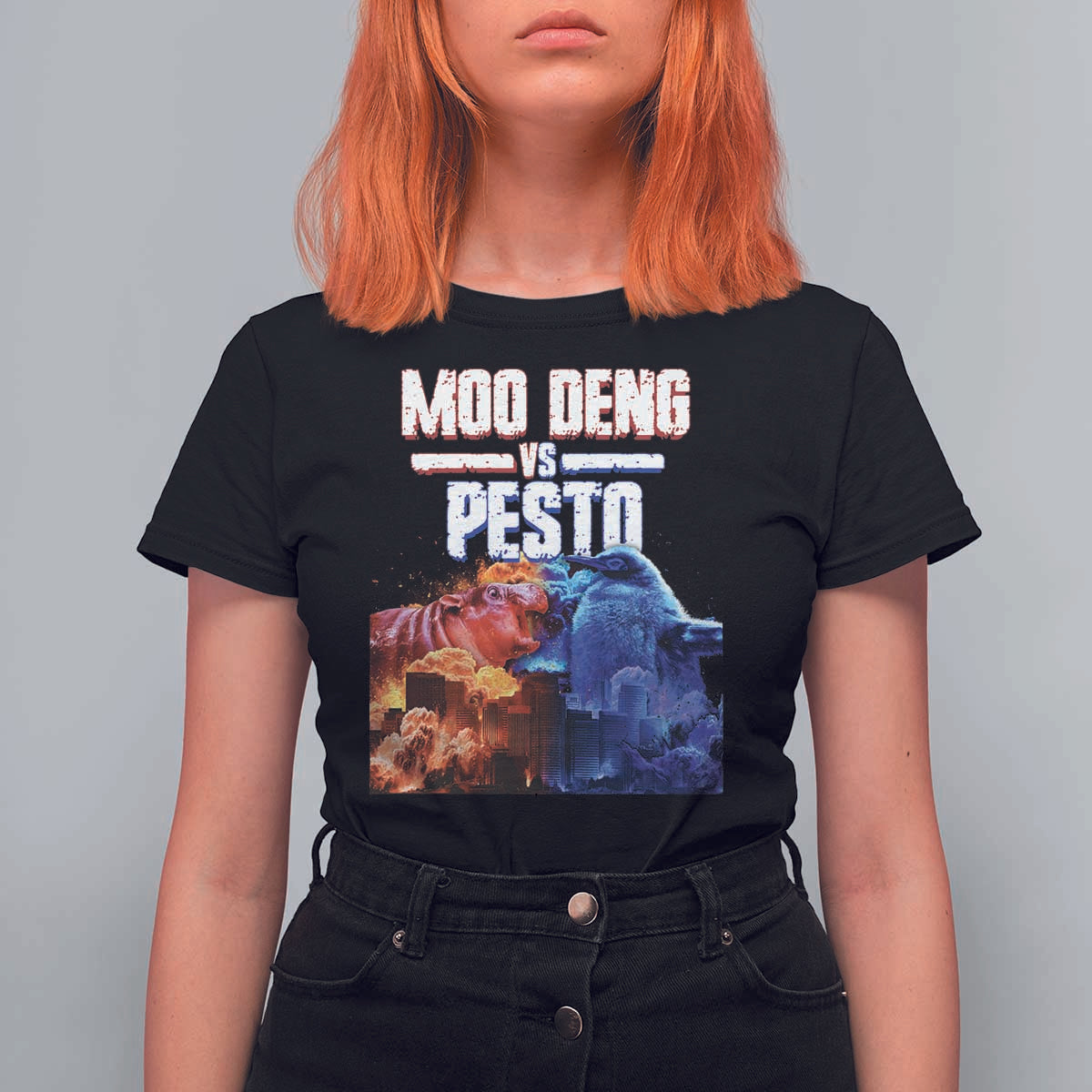 Funny Moo Deng VS Pesto T Shirt For Women - Wonder Print Shop