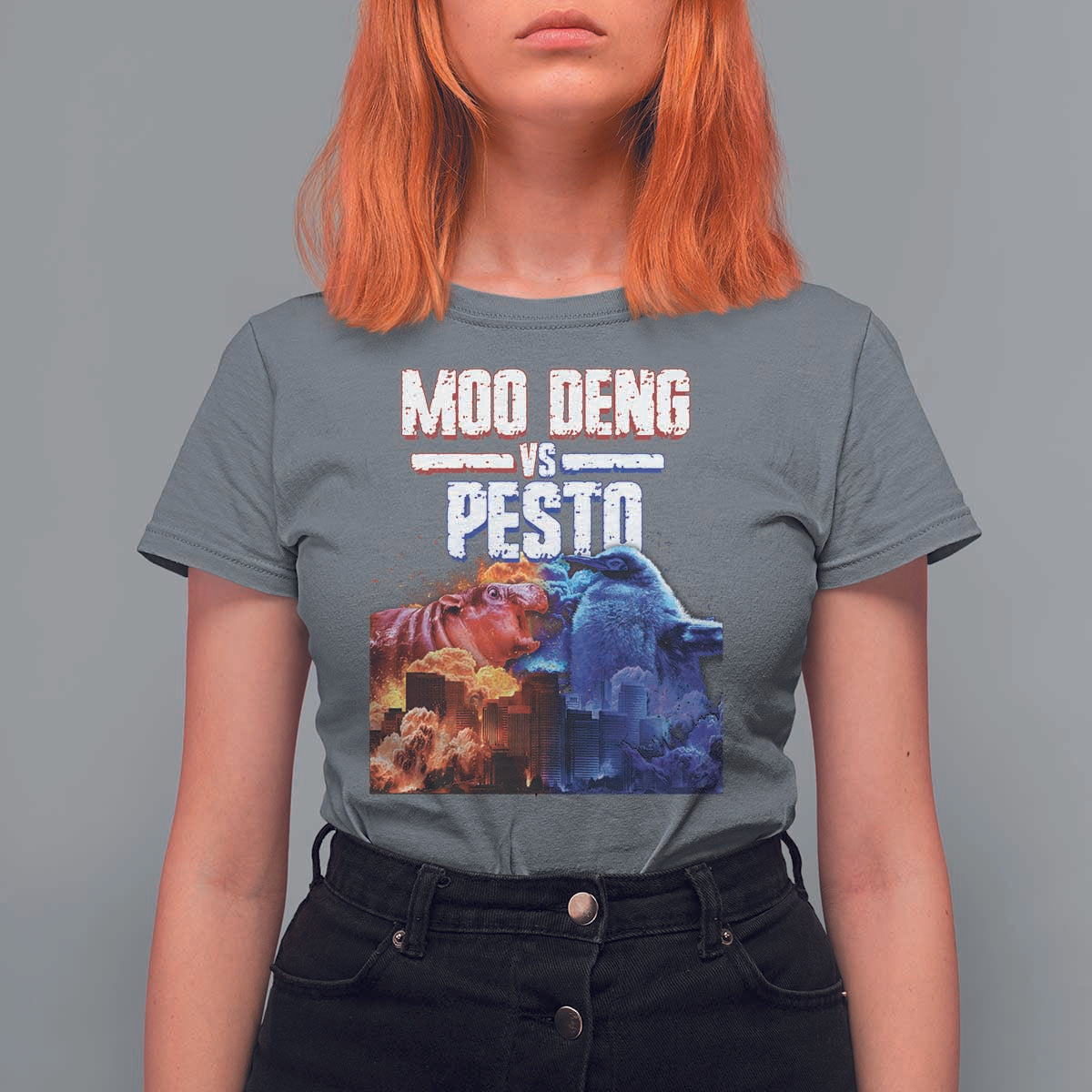 Funny Moo Deng VS Pesto T Shirt For Women - Wonder Print Shop