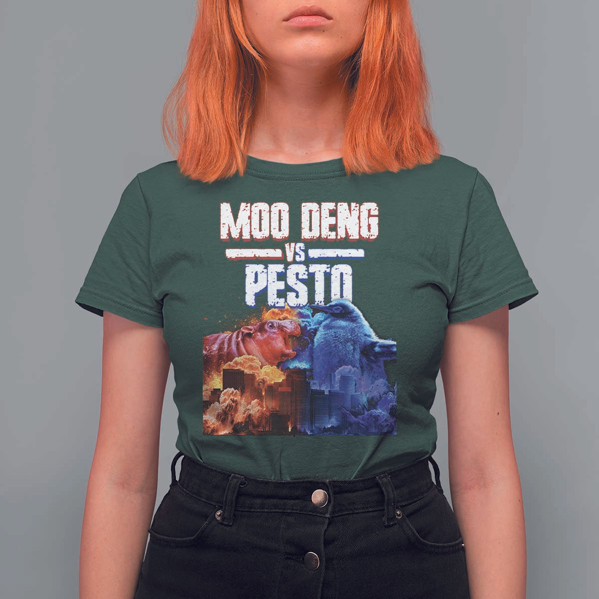 Funny Moo Deng VS Pesto T Shirt For Women - Wonder Print Shop