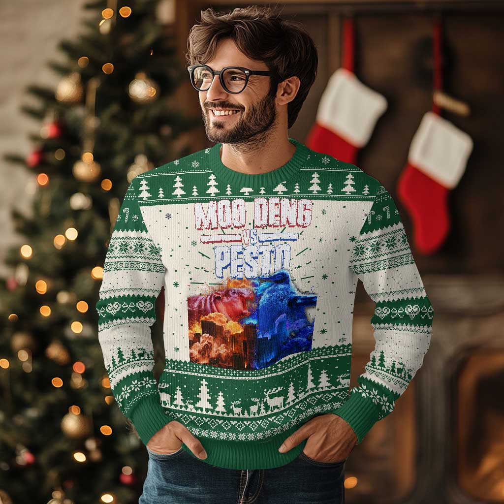 Funny Moo Deng VS Pesto Ugly Christmas Sweater - Wonder Print Shop