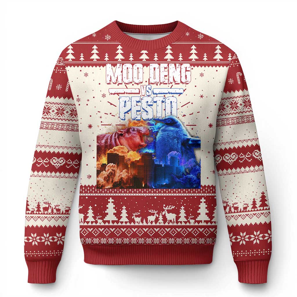 Funny Moo Deng VS Pesto Ugly Christmas Sweater - Wonder Print Shop