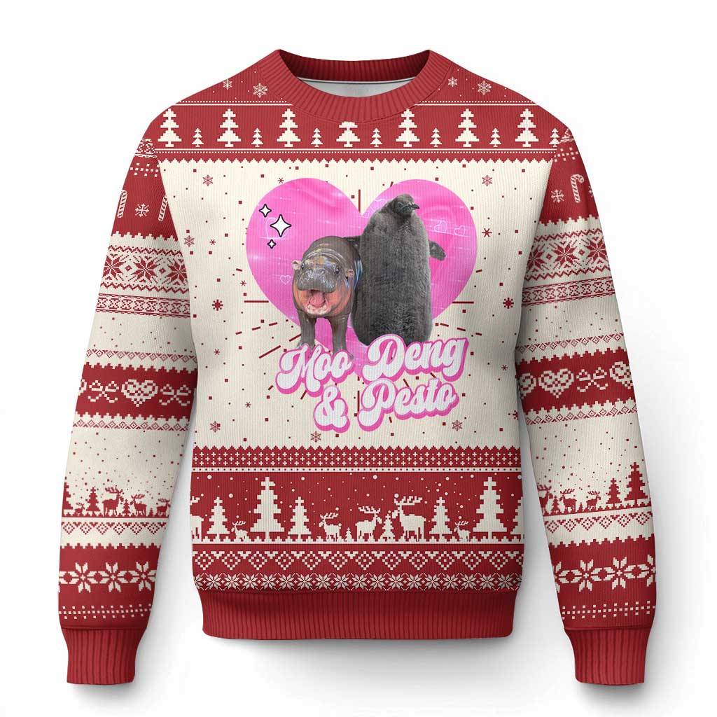 Funny Best Friends Moo Deng Pesto Ugly Christmas Sweater - Wonder Print Shop