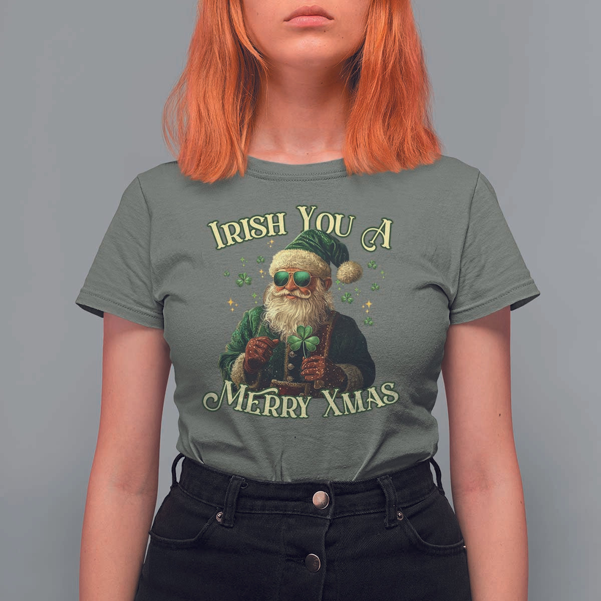 Irish You A Merry Xmas T Shirt For Women Shamrock Santa Ireland Lucky - Wonder Print Shop