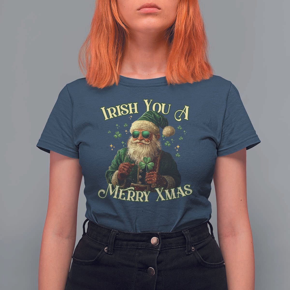 Irish You A Merry Xmas T Shirt For Women Shamrock Santa Ireland Lucky - Wonder Print Shop