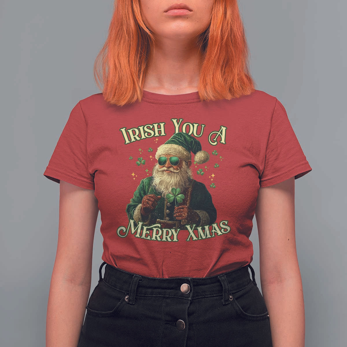 Irish You A Merry Xmas T Shirt For Women Shamrock Santa Ireland Lucky - Wonder Print Shop