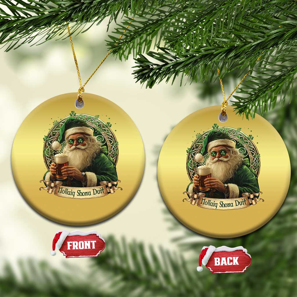 Irish Xmas Christmas Ornament Nollaig Shona Duit Shamrock Santa Drinking Beer - Wonder Print Shop