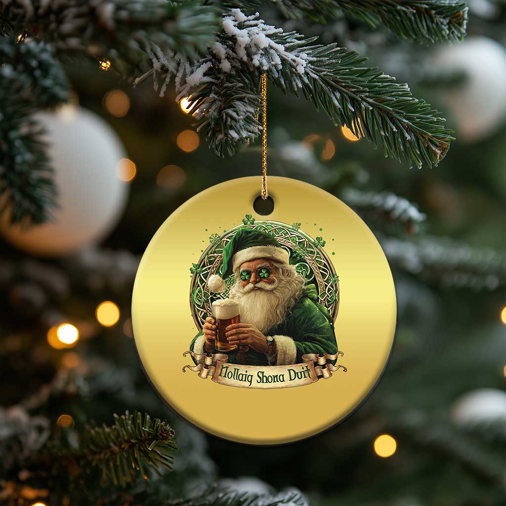 Irish Xmas Christmas Ornament Nollaig Shona Duit Shamrock Santa Drinking Beer - Wonder Print Shop
