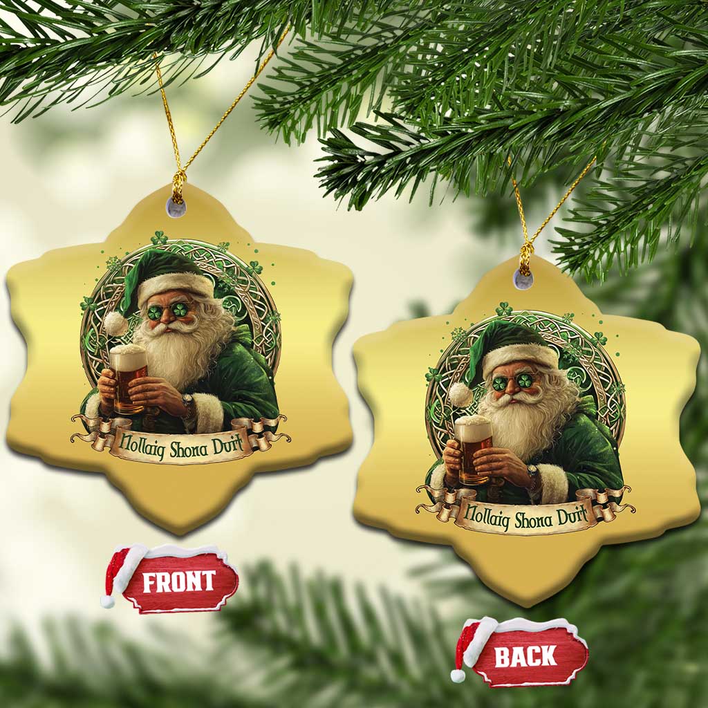 Irish Xmas Christmas Ornament Nollaig Shona Duit Shamrock Santa Drinking Beer - Wonder Print Shop