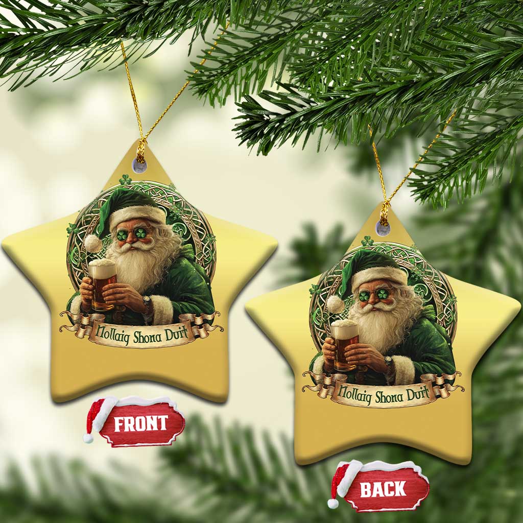 Irish Xmas Christmas Ornament Nollaig Shona Duit Shamrock Santa Drinking Beer - Wonder Print Shop