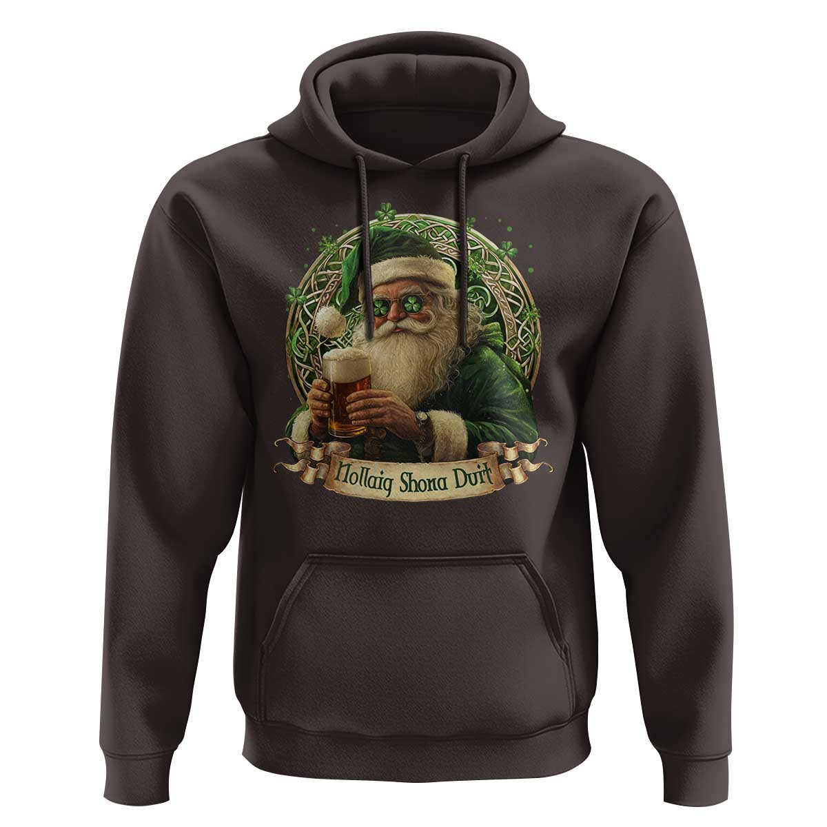 Irish Christmas Hoodie Nollaig Shona Duit Shamrock Santa Drinking Beer