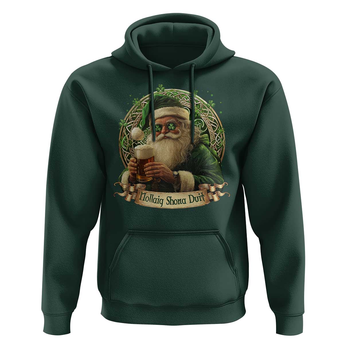 Irish Christmas Hoodie Nollaig Shona Duit Shamrock Santa Drinking Beer